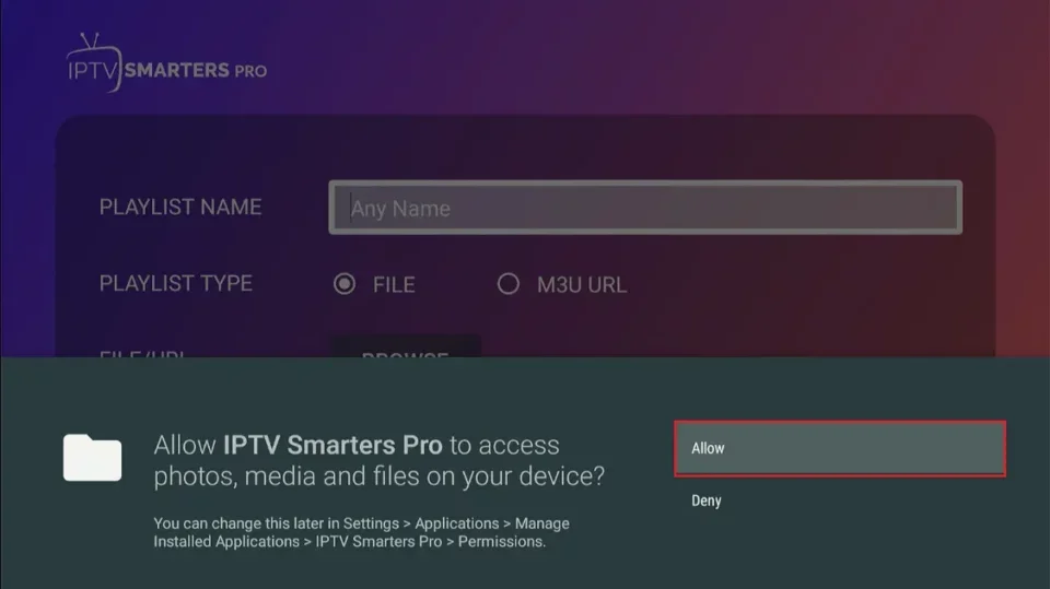 IPTV Smarters permission request dialog with Allow button for file access