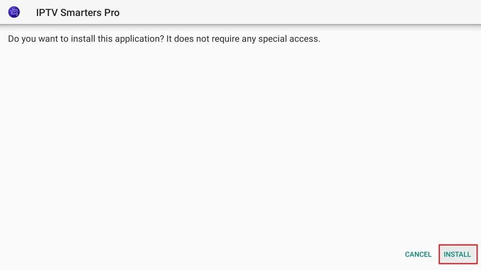 IPTV Smarters Pro installation prompt with Install button on FireStick