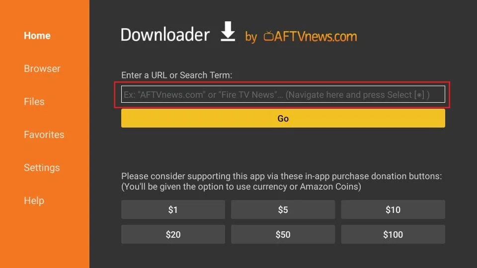 Downloader app home screen with URL input field highlighted