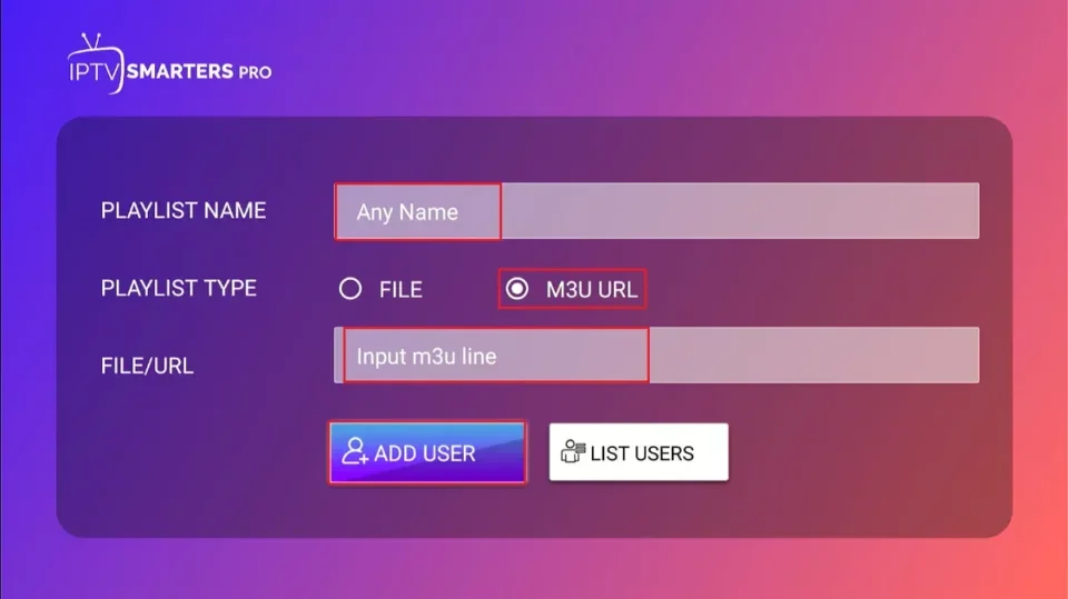 M3U playlist configuration form with Playlist Name and URL fields in IPTV Smarters