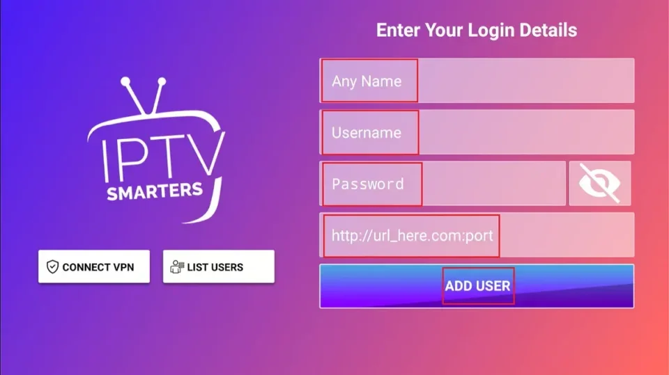 Xtream Codes API login form with username, password, and server URL fields